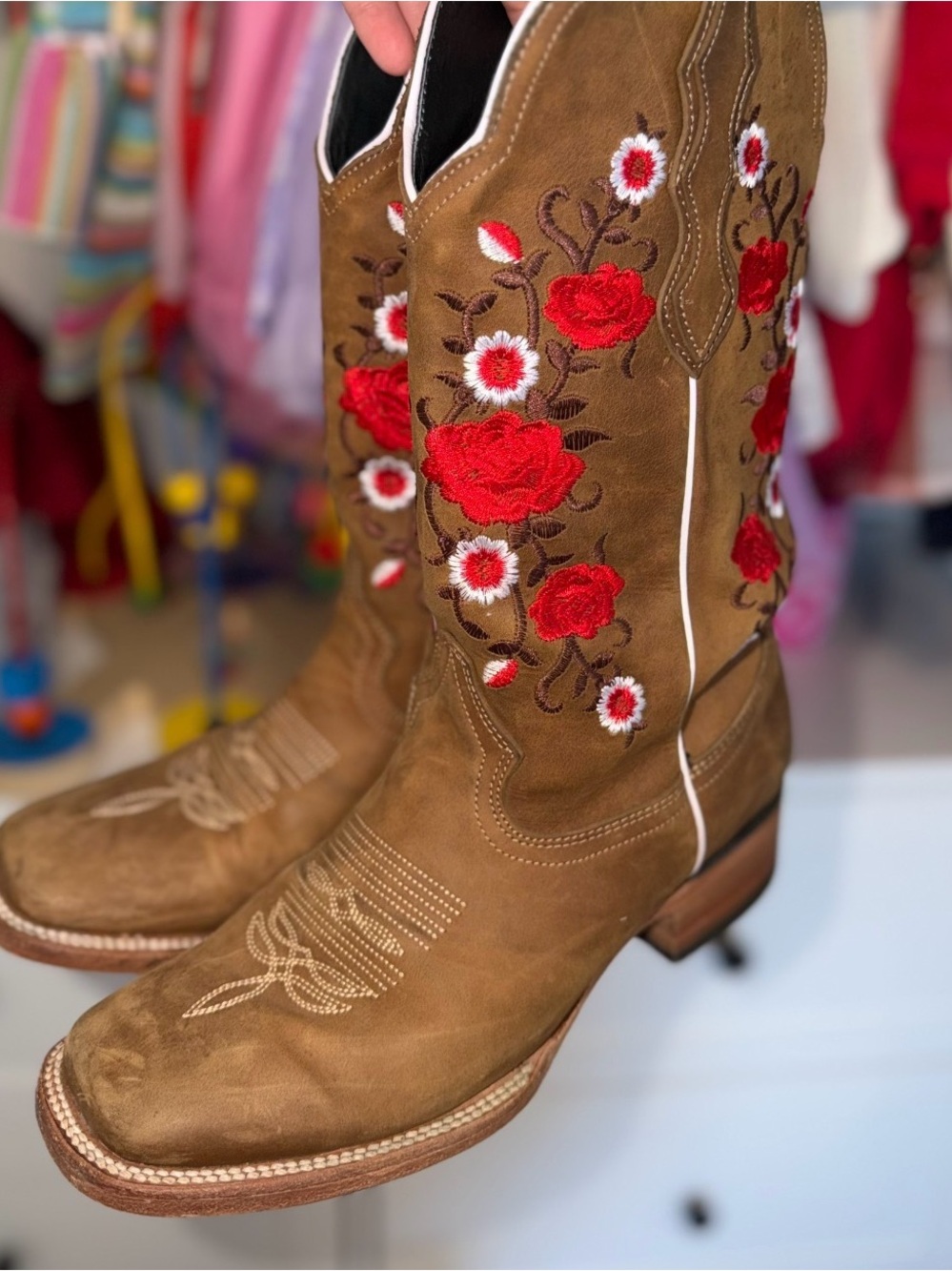 Women's Brown Suede Embroidered Cowboy Boots with Red Floral Detail